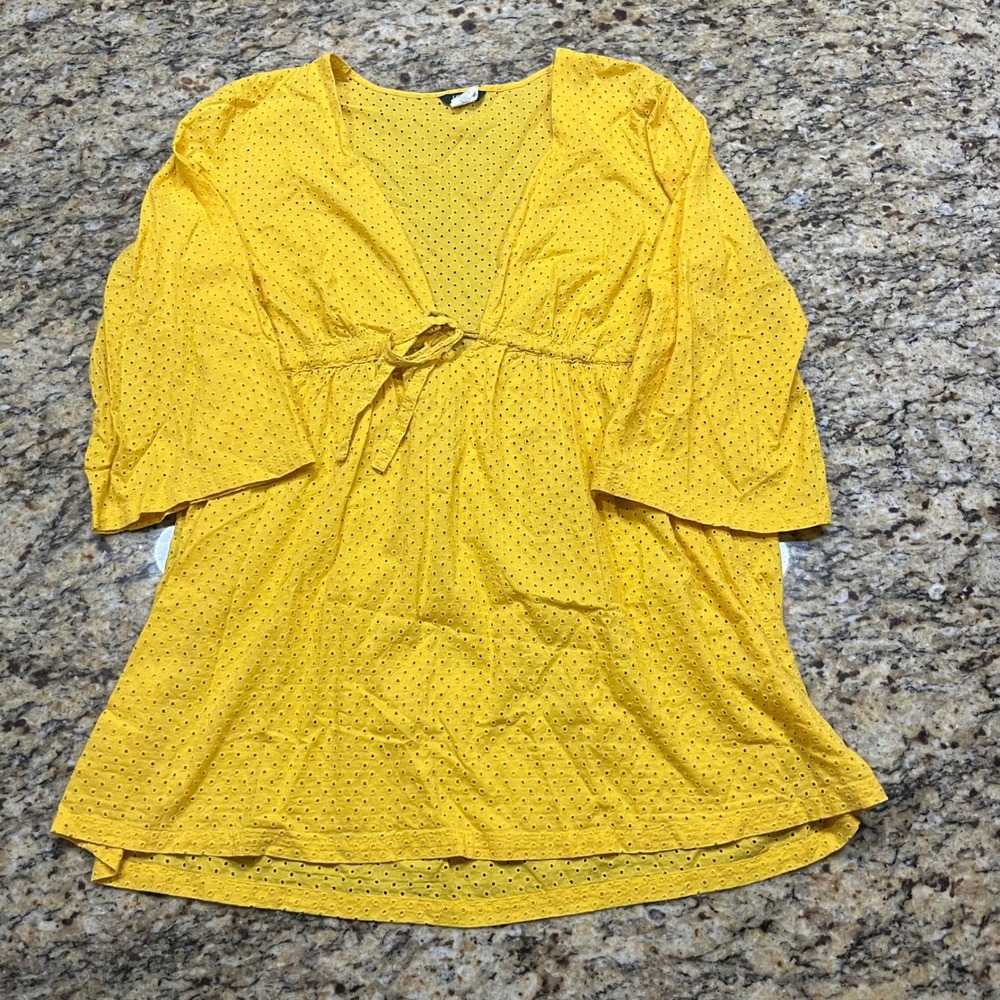 J.Crew Womens Yellow Eyelet Cotton Tunic Top Tie Front V-Neck Size L